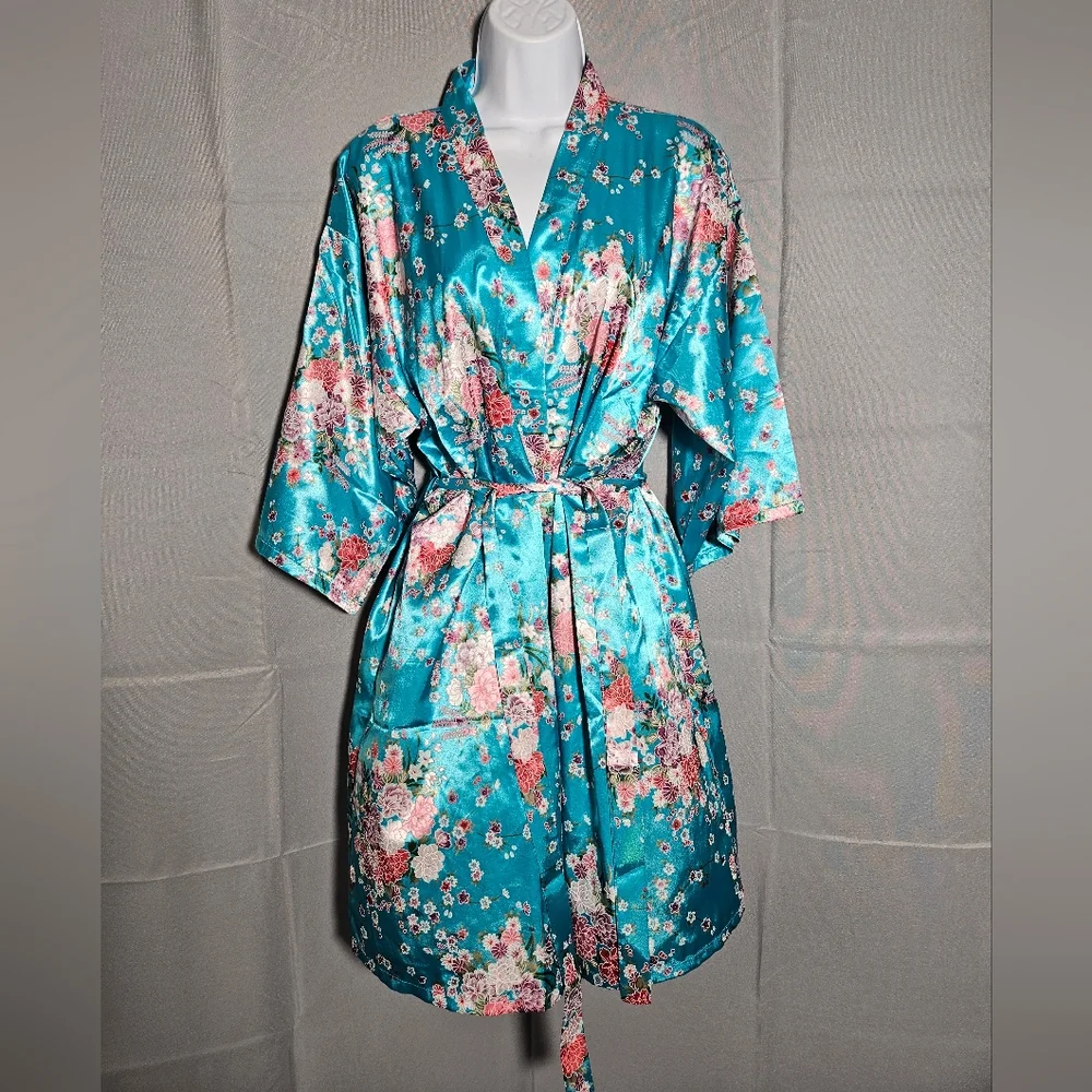 Alexander Del Rossa Robe Bridal Sz L Floral Colorful Kimono Satin NWOT - Picture 7 of 7